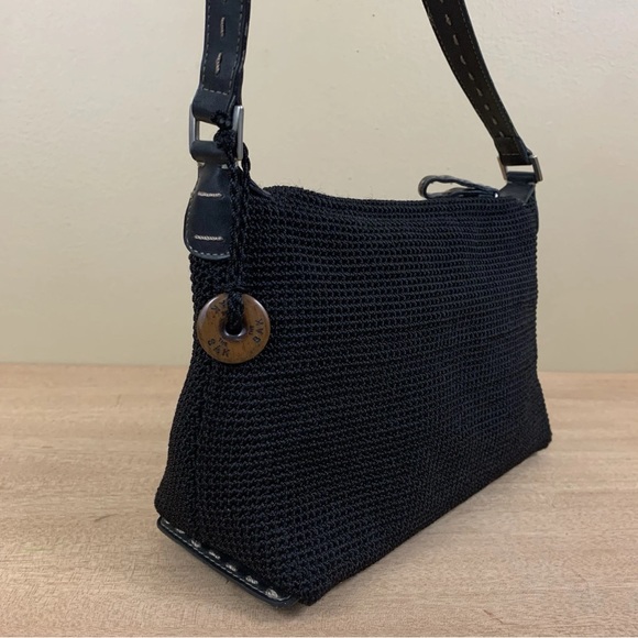 The Sak Shoulder Purse Black Crochet Knit Zip Closure Small Hobo Charm Hand Bag - Picture 3 of 10
